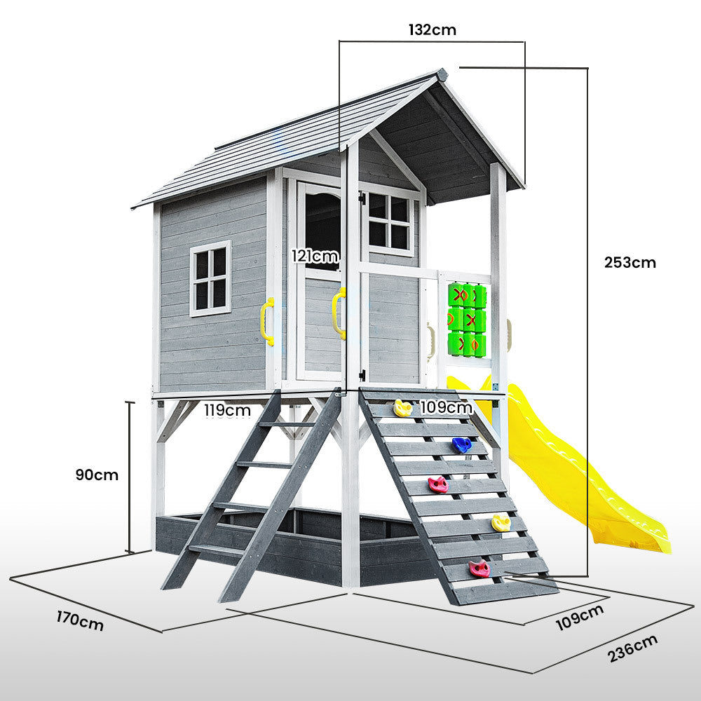 Wooden Tower Cubby House with Slide, Sandpit and Climbing Wall, Grey