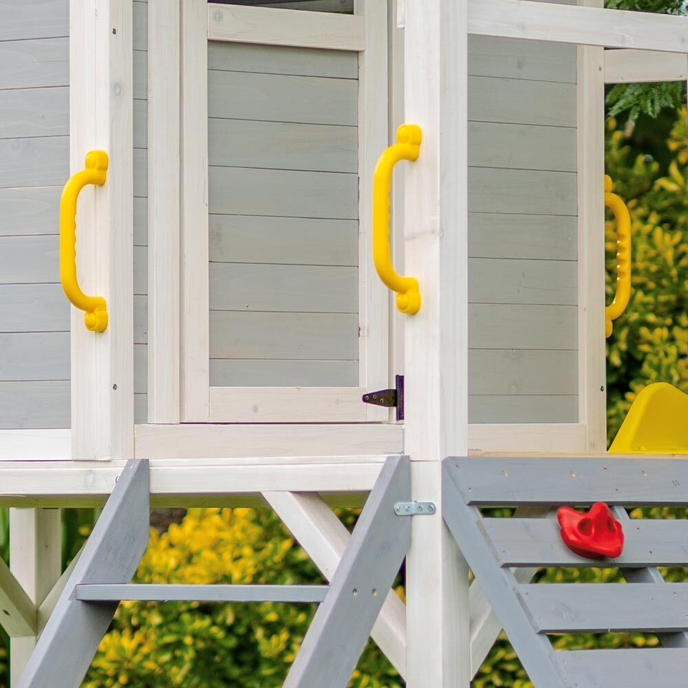 Wooden Tower Cubby House with Slide, Sandpit and Climbing Wall, Grey