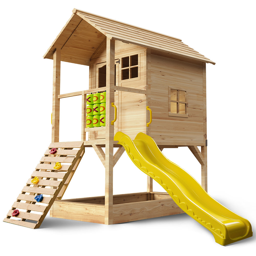 Wooden Tower Cubby House with Slide, Sandpit and Climbing Wall, Natural
