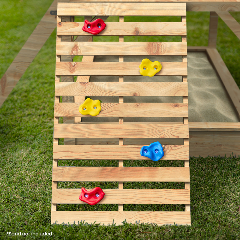 Wooden Tower Cubby House with Slide, Sandpit and Climbing Wall, Natural