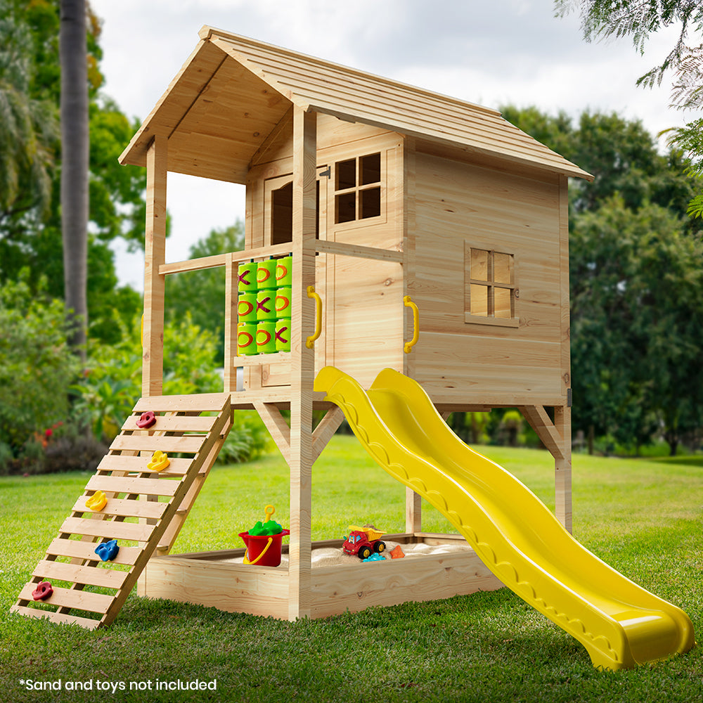 Wooden Tower Cubby House with Slide, Sandpit and Climbing Wall, Natural