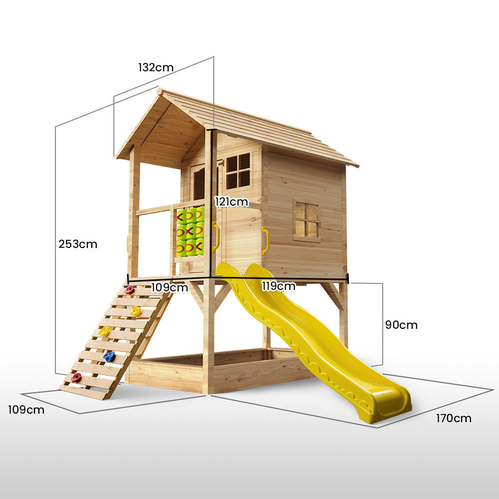 Wooden Tower Cubby House with Slide, Sandpit and Climbing Wall, Natural