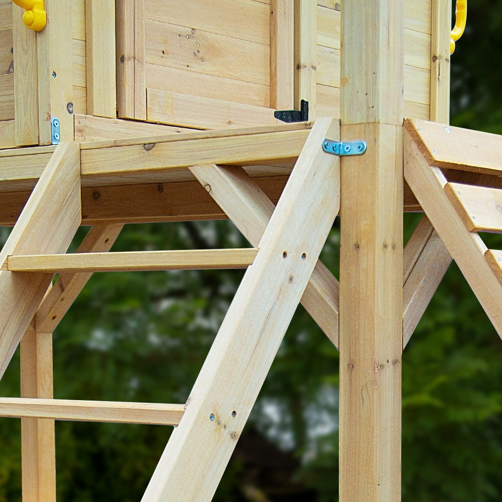 Wooden Tower Cubby House with Slide, Sandpit and Climbing Wall, Natural
