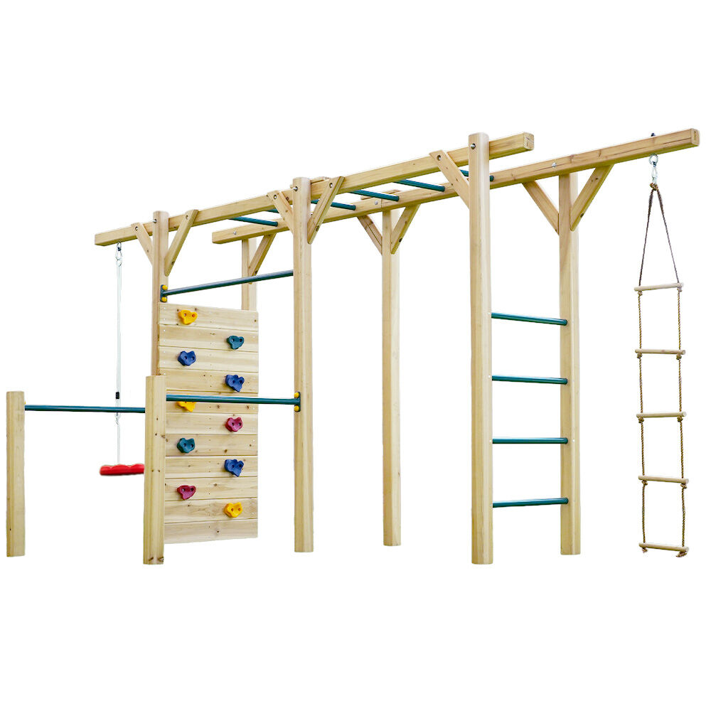 Kids Outdoor Monkey Bar Playset with Climbing Wall, Disc Swing and Rope Ladder