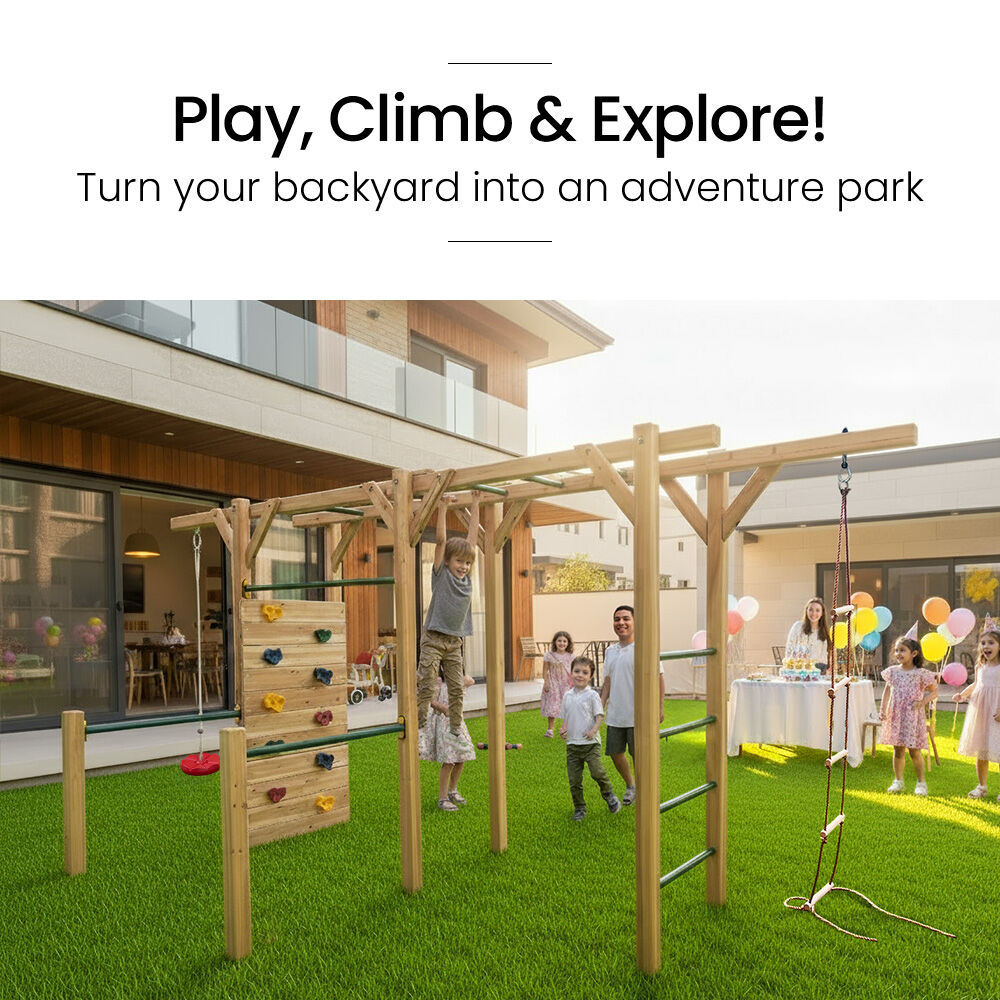 Kids Outdoor Monkey Bar Playset with Climbing Wall, Disc Swing and Rope Ladder
