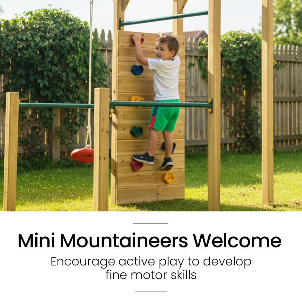 Kids Outdoor Monkey Bar Playset with Climbing Wall, Disc Swing and Rope Ladder