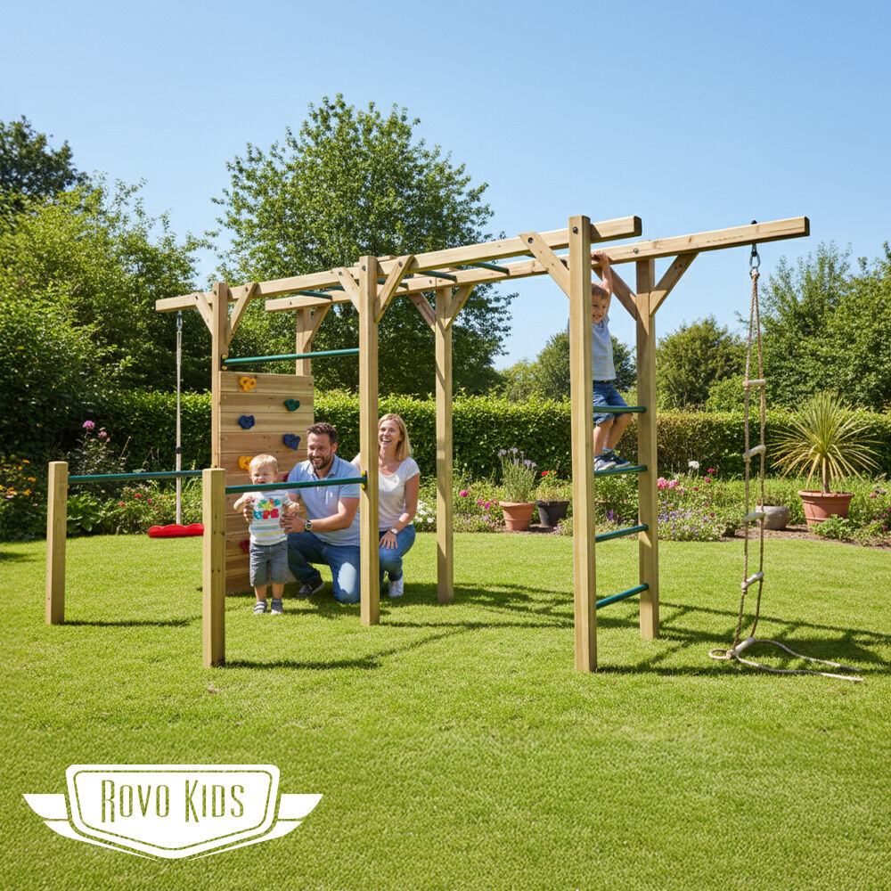 Kids Outdoor Monkey Bar Playset with Climbing Wall, Disc Swing and Rope Ladder