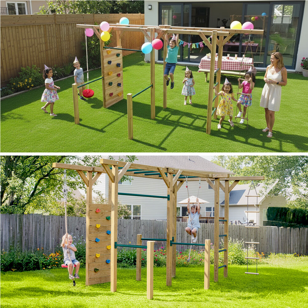 Kids Outdoor Monkey Bar Playset with Climbing Wall, Disc Swing and Rope Ladder