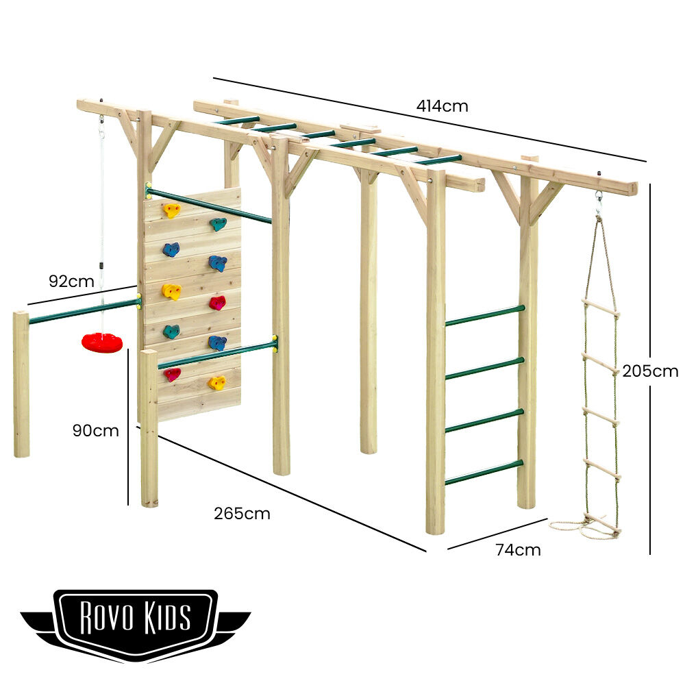 Kids Outdoor Monkey Bar Playset with Climbing Wall, Disc Swing and Rope Ladder