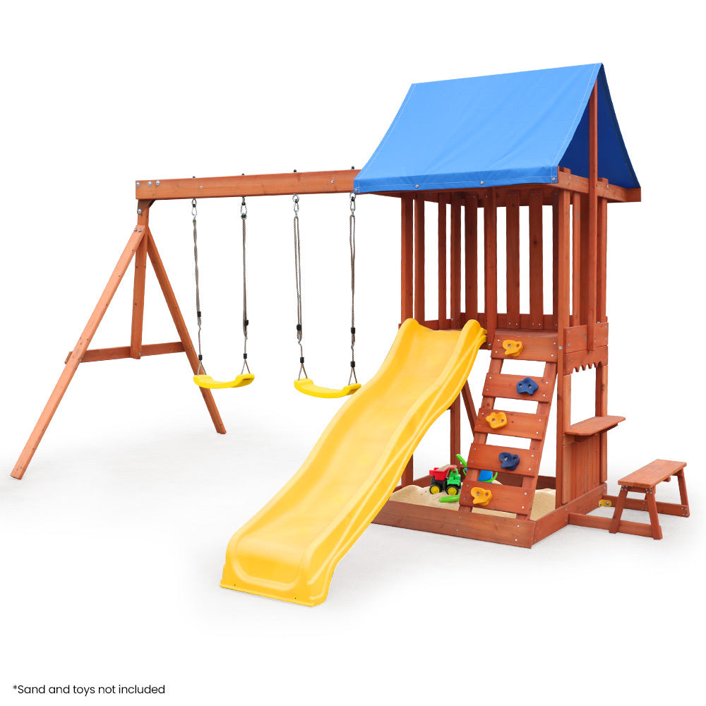 Kids Outdoor Slide and Swing Set with Climbing Wall and Sandpit