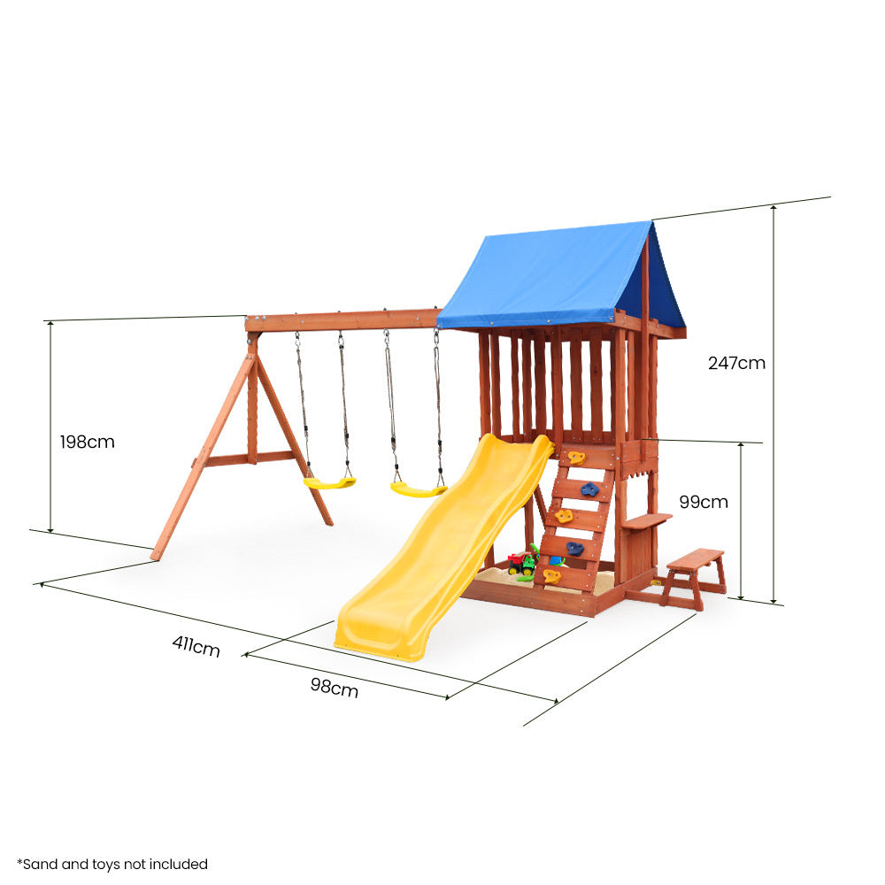 Kids Outdoor Slide and Swing Set with Climbing Wall and Sandpit