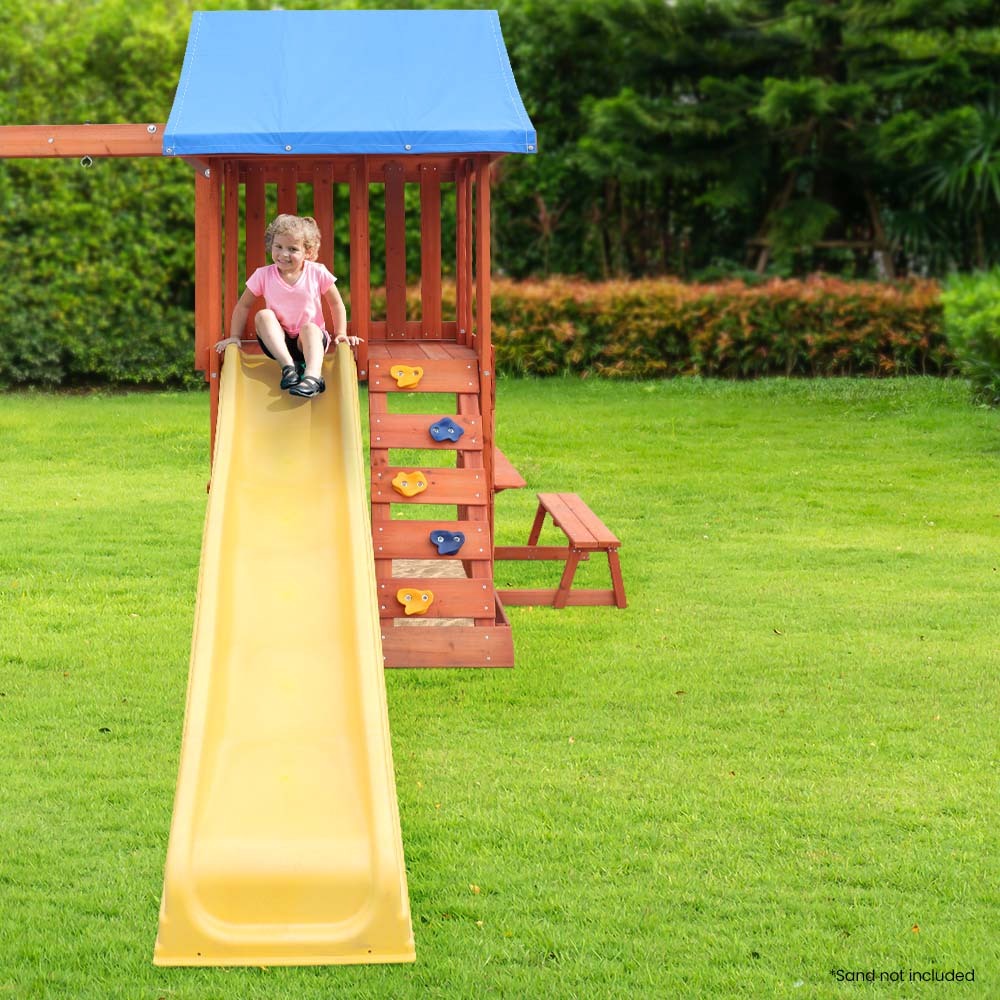 Kids Outdoor Slide and Swing Set with Climbing Wall and Sandpit