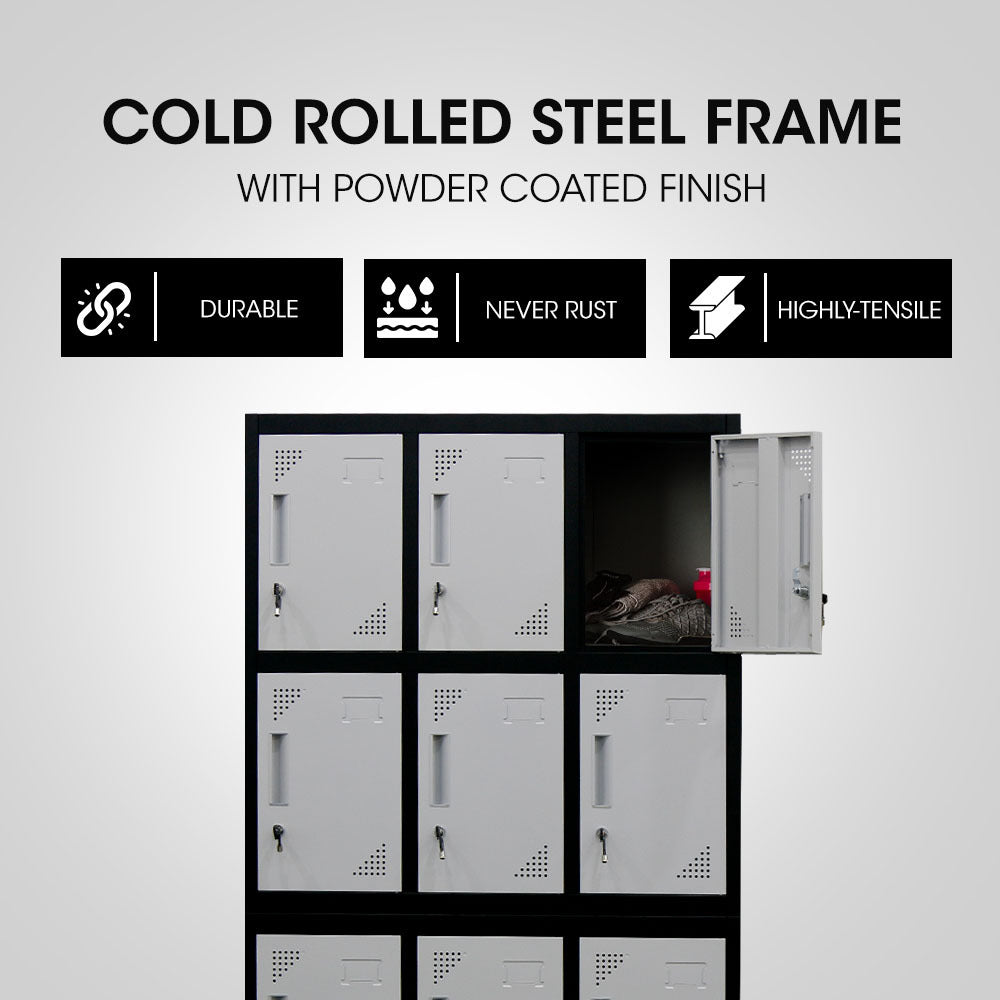 12-Door Steel Storage Locker Cabinet with Cam Locks, Black and Grey