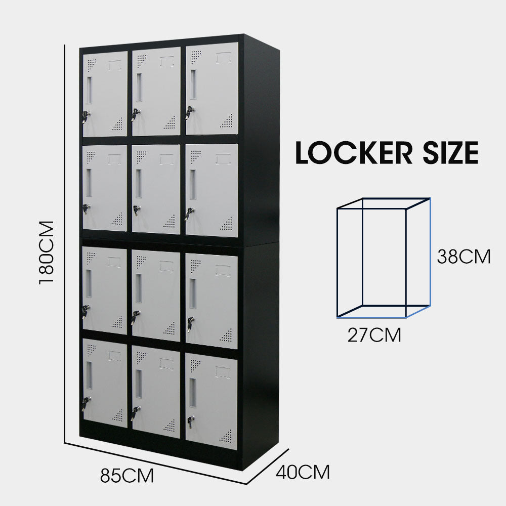 12-Door Steel Storage Locker Cabinet with Cam Locks, Black and Grey