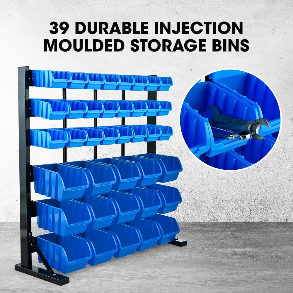 6 Tier 39 Bin Parts Storage Rack Steel Floor Mount Blue