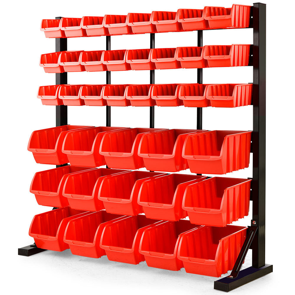 6 Tier 39 Bin Parts Storage Rack Steel Floor Mount Red