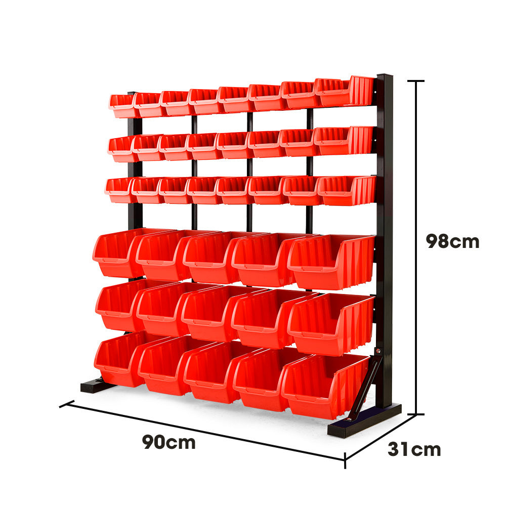 6 Tier 39 Bin Parts Storage Rack Steel Floor Mount Red