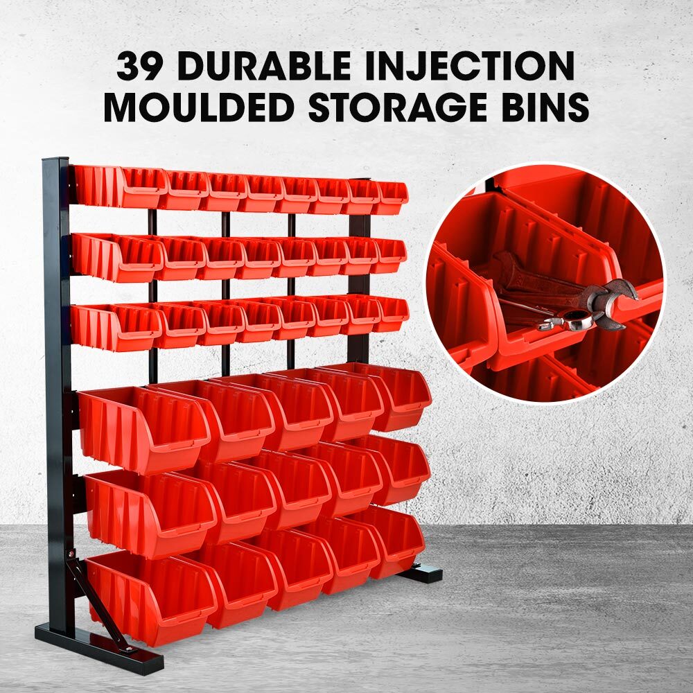 6 Tier 39 Bin Parts Storage Rack Steel Floor Mount Red