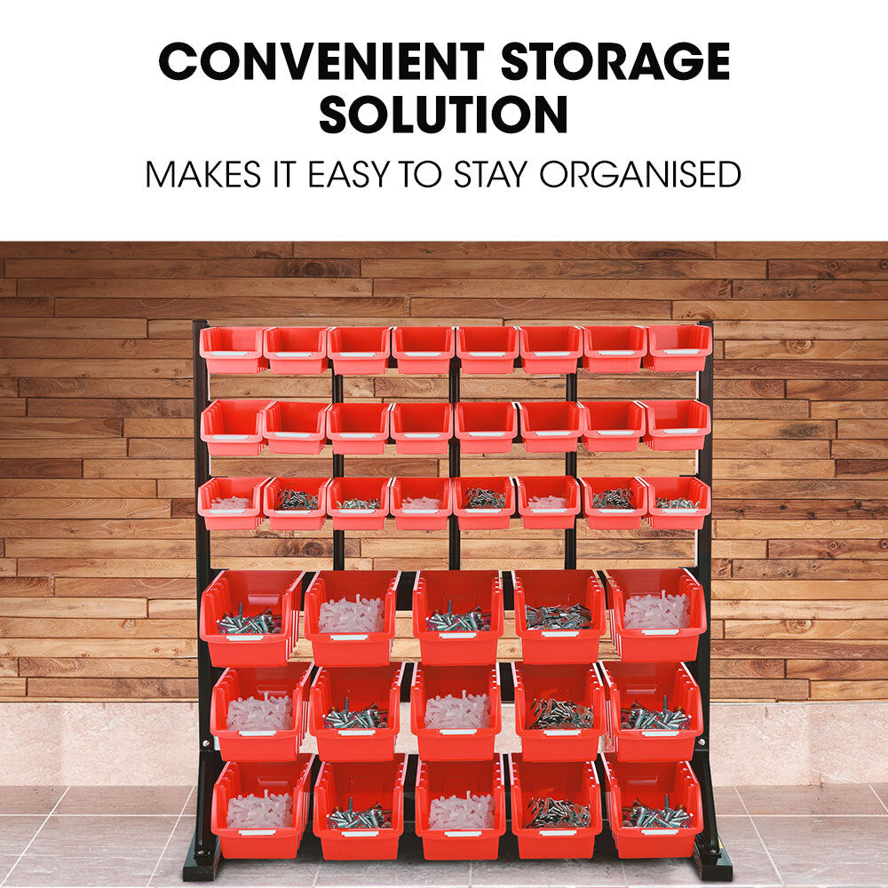 6 Tier 39 Bin Parts Storage Rack Steel Floor Mount Red