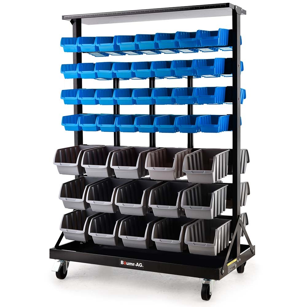 Mobile Double Sided Parts Bin Rack, 94 Bins Blue