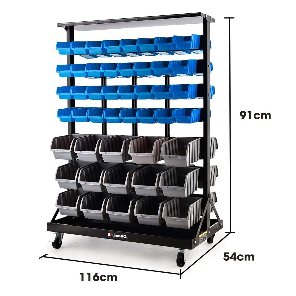 Mobile Double Sided Parts Bin Rack, 94 Bins Blue