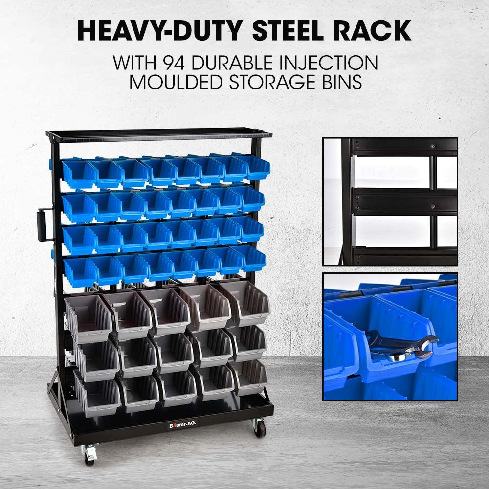 Mobile Double Sided Parts Bin Rack, 94 Bins Blue