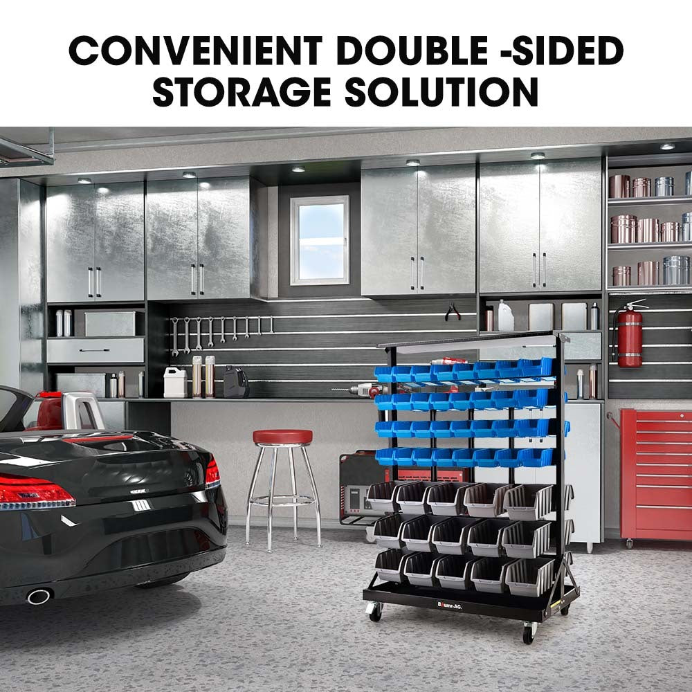 Mobile Double Sided Parts Bin Rack, 94 Bins Blue