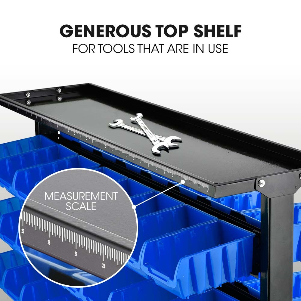 Mobile Double Sided Parts Bin Rack, 94 Bins Blue