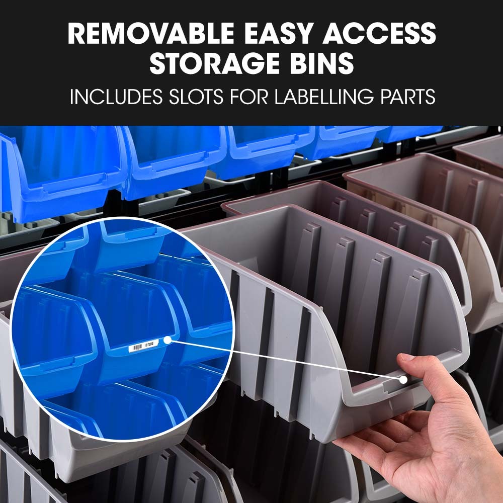 Mobile Double Sided Parts Bin Rack, 94 Bins Blue