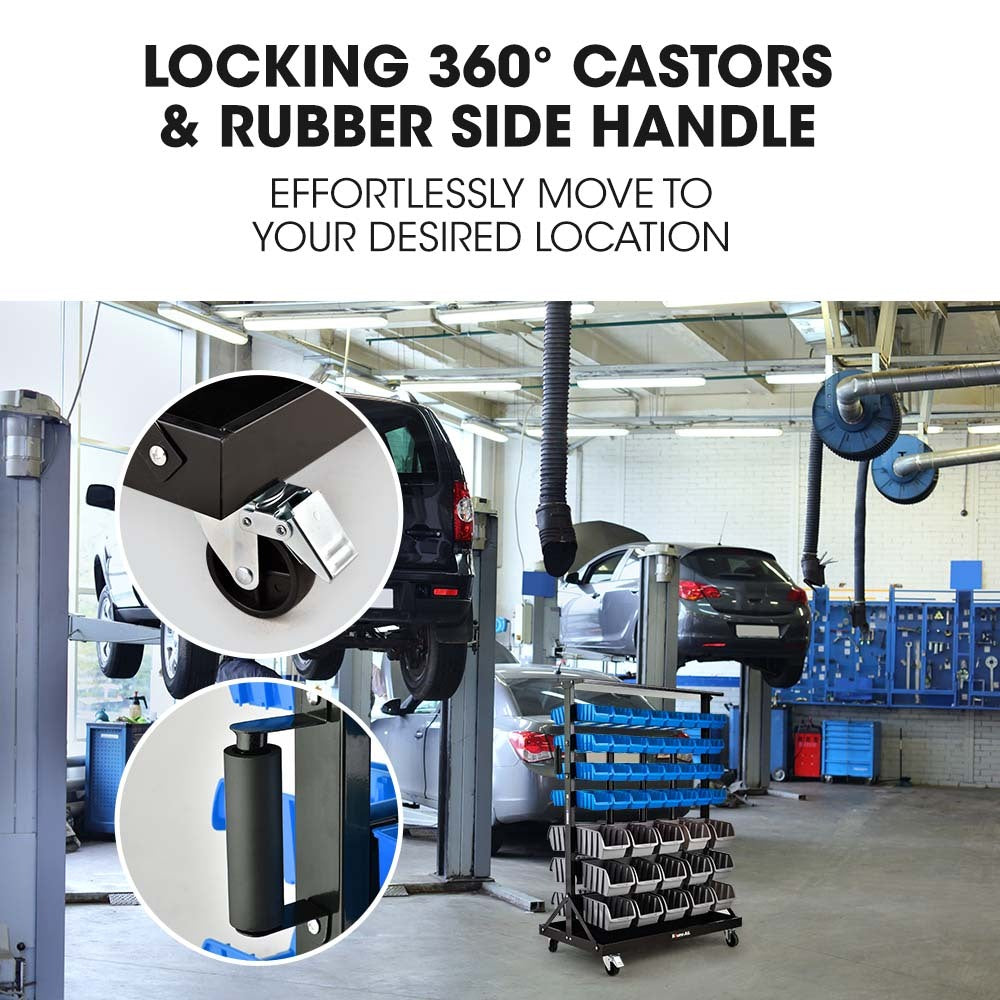 Mobile Double Sided Parts Bin Rack, 94 Bins Blue