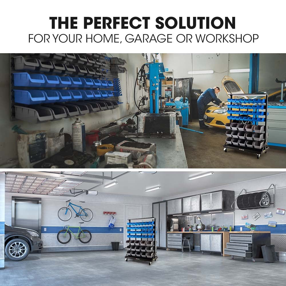 Mobile Double Sided Parts Bin Rack, 94 Bins Blue