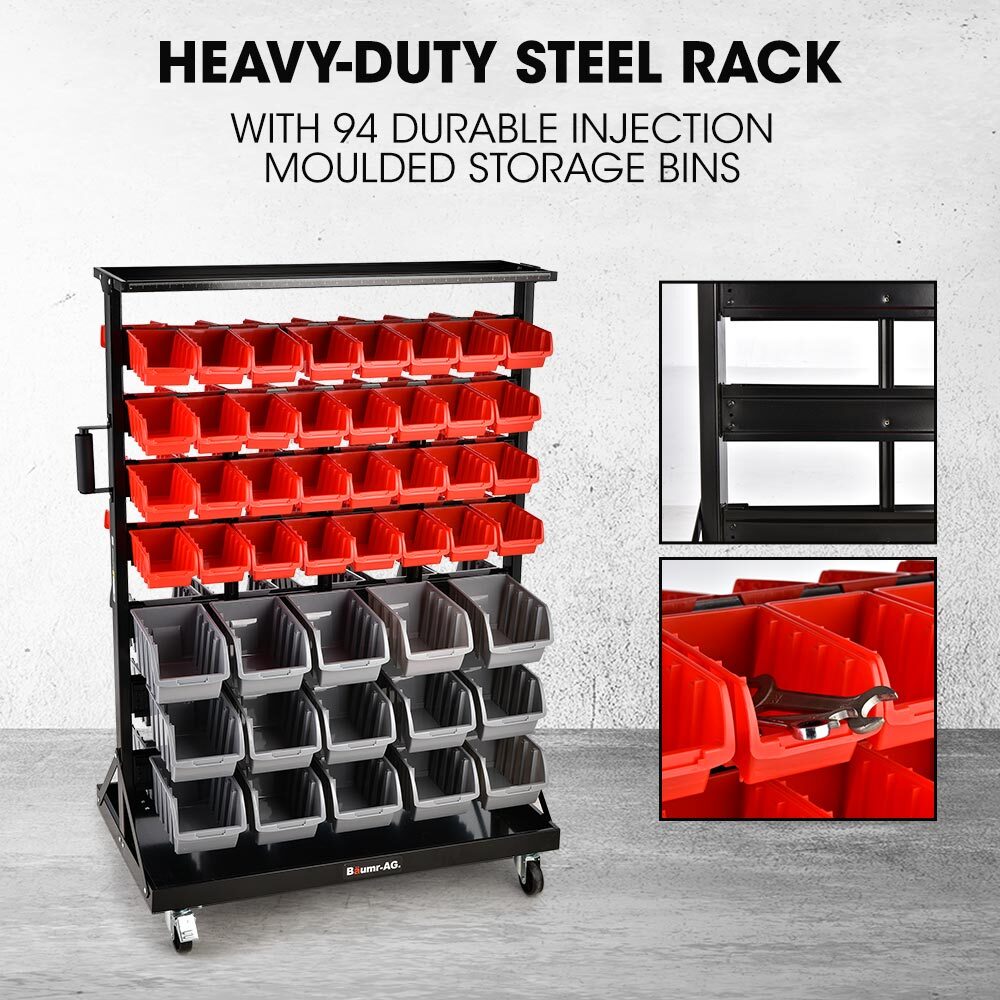 Mobile Double Sided Parts Bin Rack, 94 Bins Red