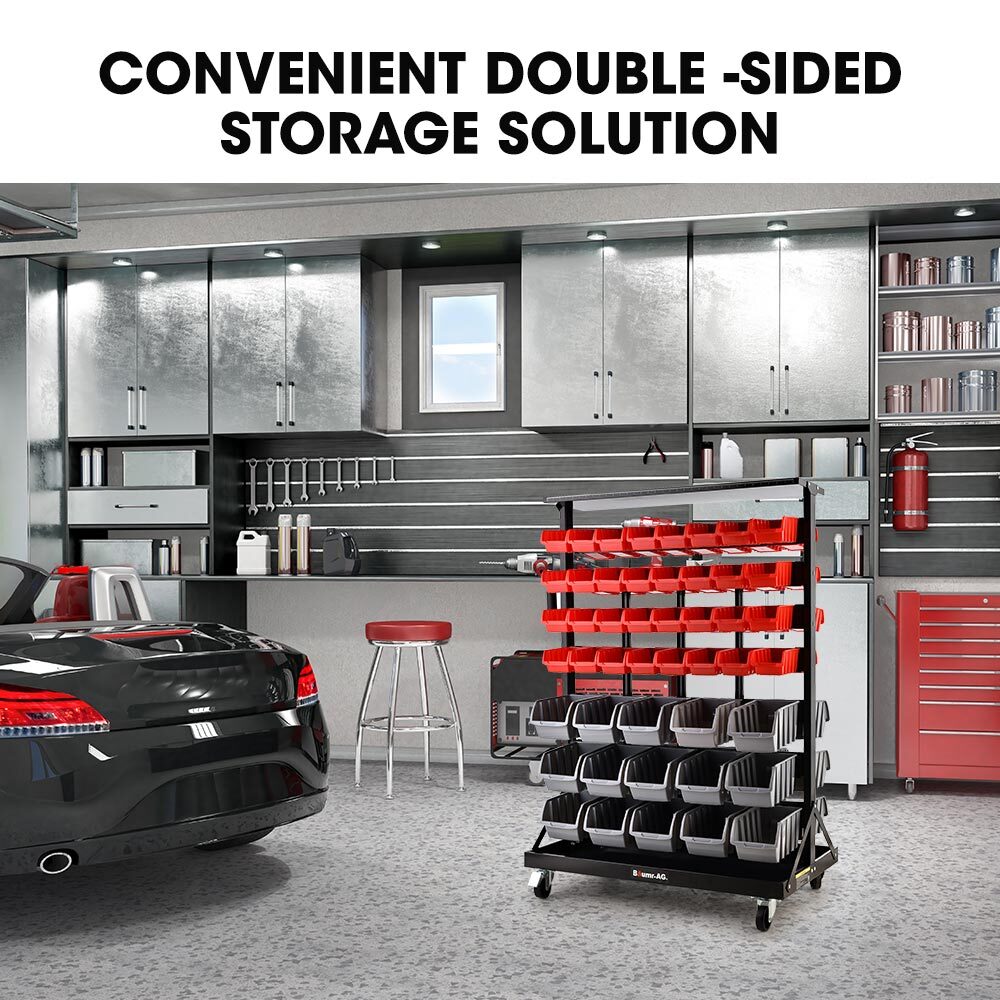 Mobile Double Sided Parts Bin Rack, 94 Bins Red