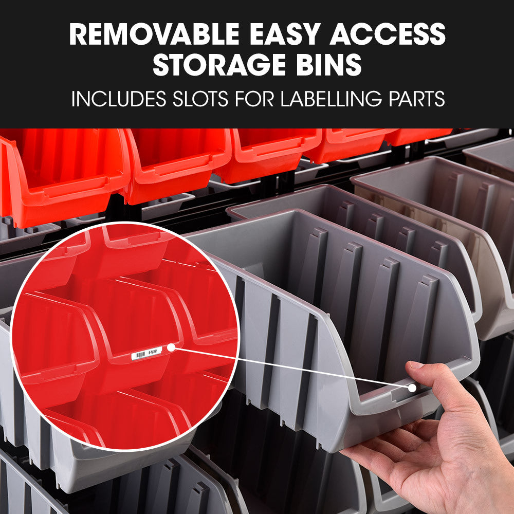 Mobile Double Sided Parts Bin Rack, 94 Bins Red