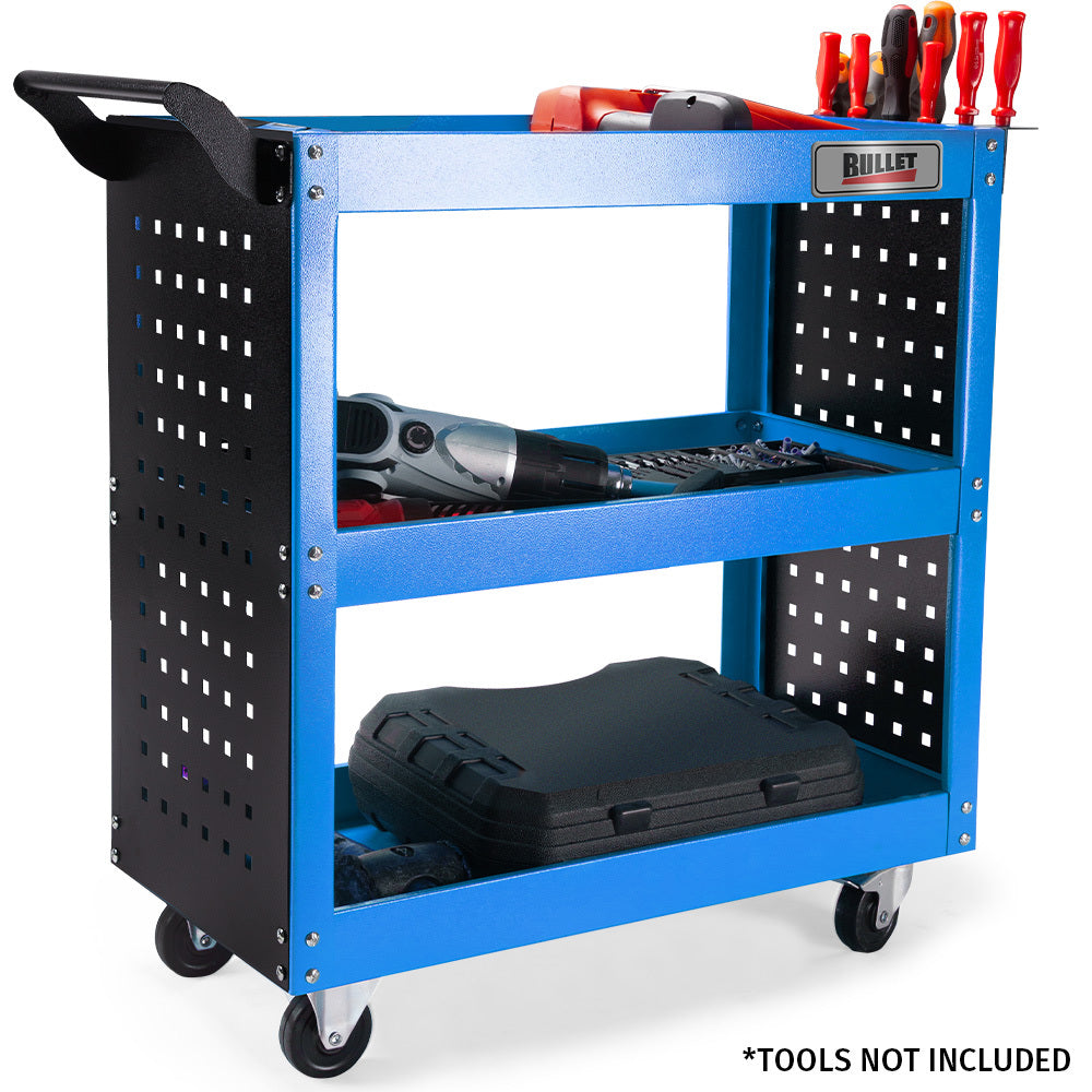 3 Tier Steel Tool Trolley Cart with Pegboard and Screwdriver Rack Blue