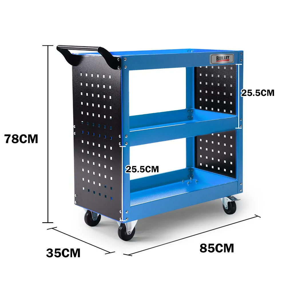 3 Tier Steel Tool Trolley Cart Blue front view