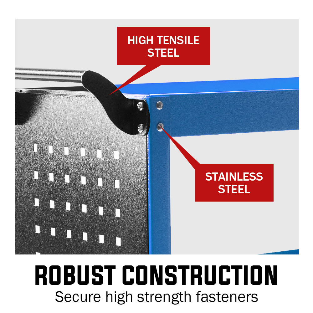 3 Tier Steel Tool Trolley Cart Blue side pegboard