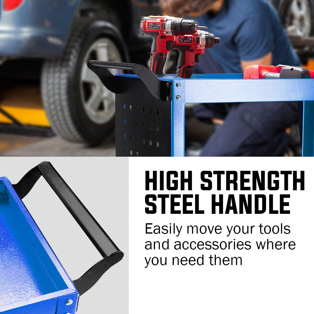 3 Tier Steel Tool Trolley Cart Blue loaded with tools