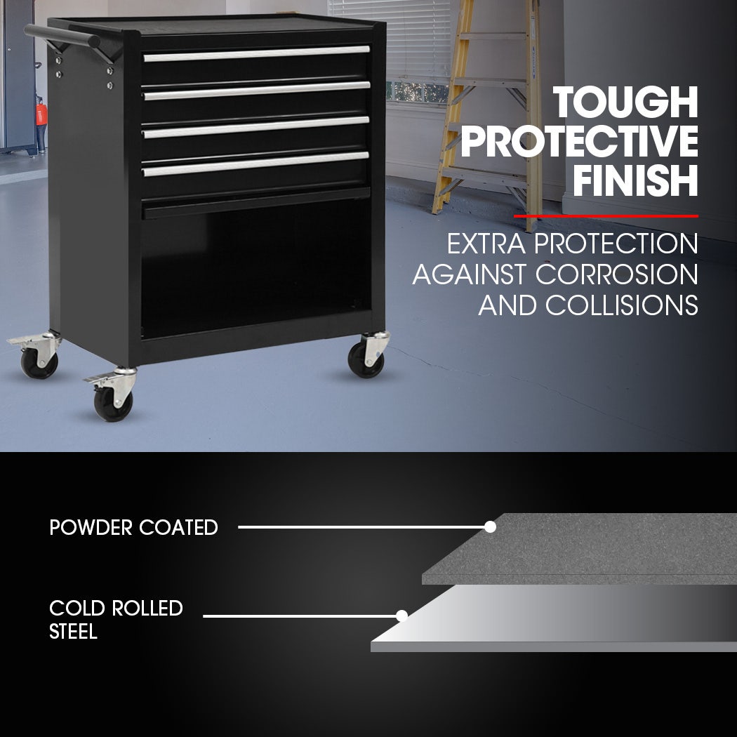 4 Drawer Tool Box Cabinet Trolley with Door Black