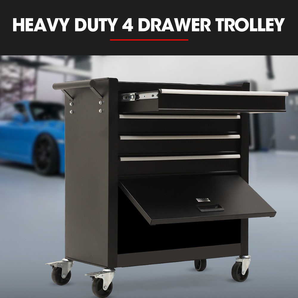 4 Drawer Tool Box Cabinet Trolley with Door Black