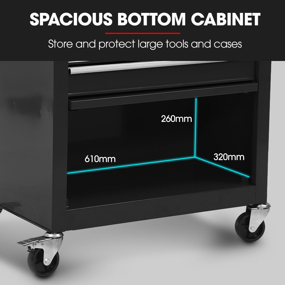 4 Drawer Tool Box Cabinet Trolley with Door Black