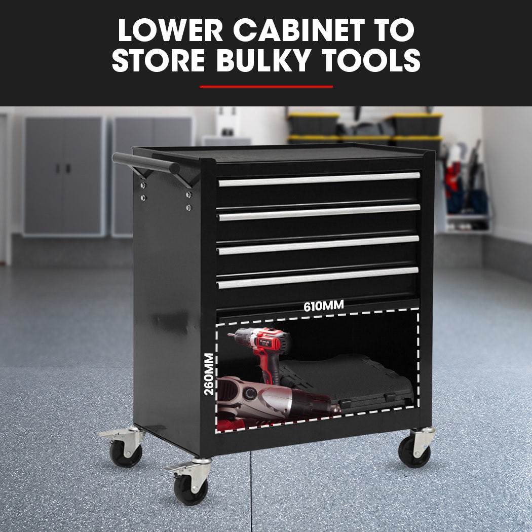 4 Drawer Tool Box Cabinet Trolley with Door Black