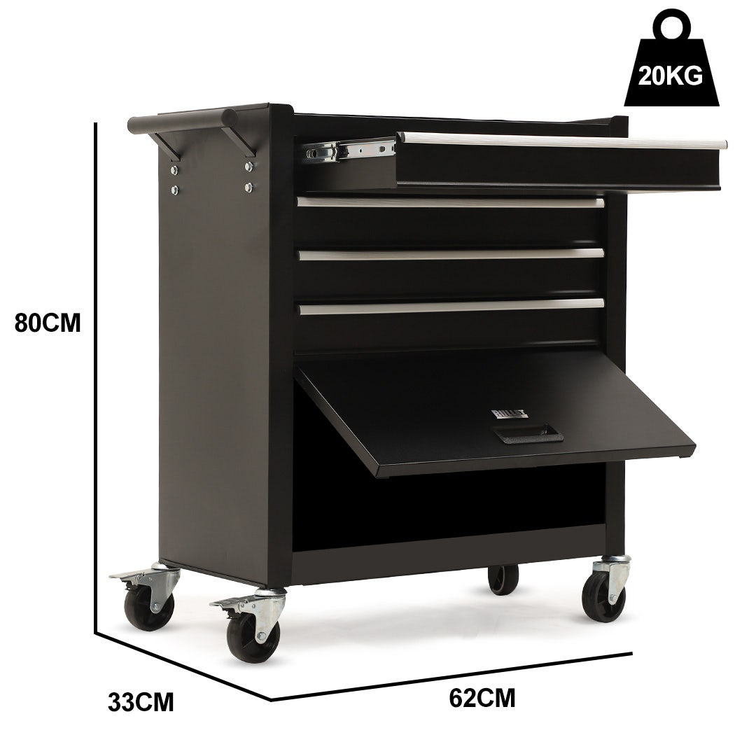 4 Drawer Tool Box Cabinet Trolley with Door Black
