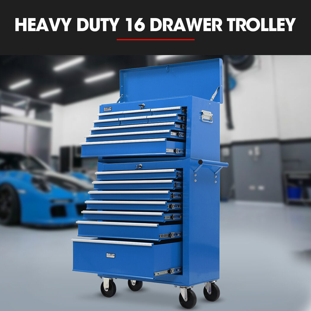 16 drawer tool box cabinet and chest in blue