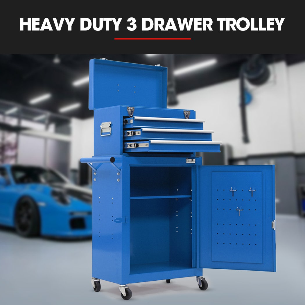 3 Drawer Tool Chest and Cabinet Trolley With Door Blue