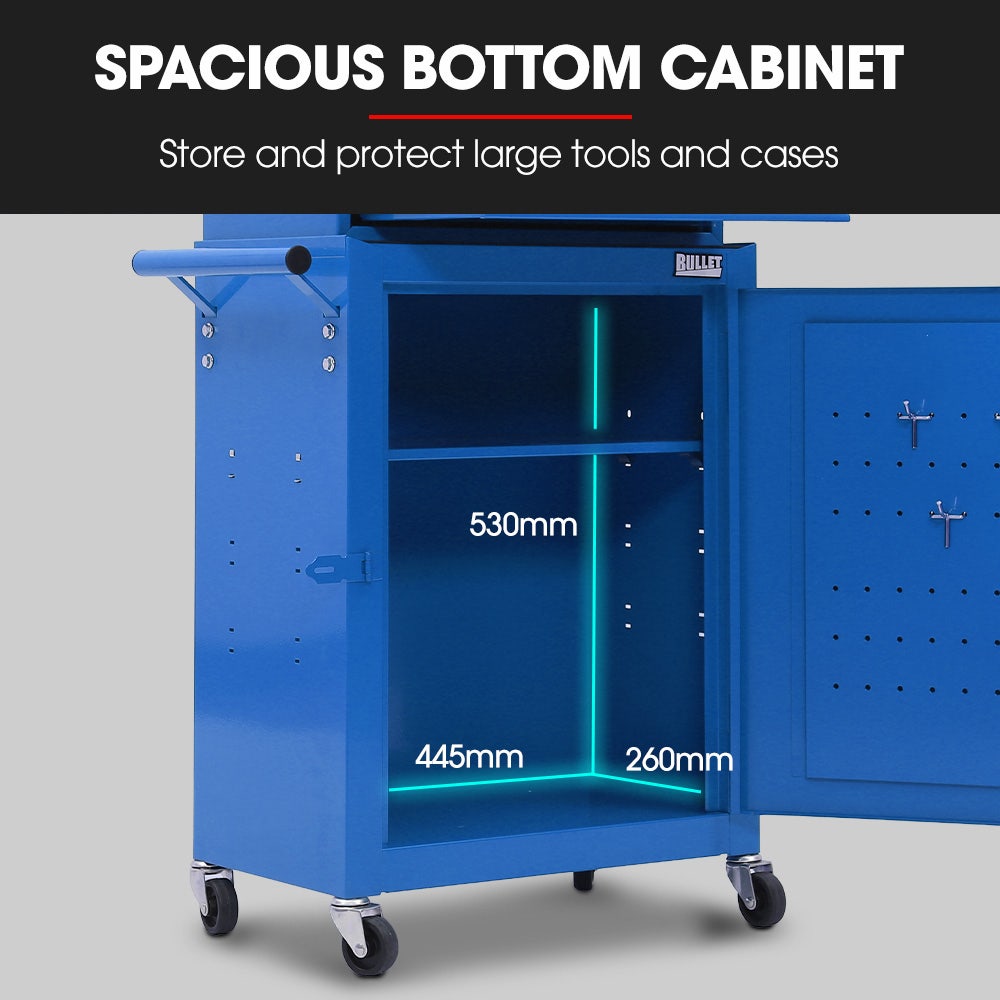 3 Drawer Tool Chest and Cabinet Trolley With Door Blue