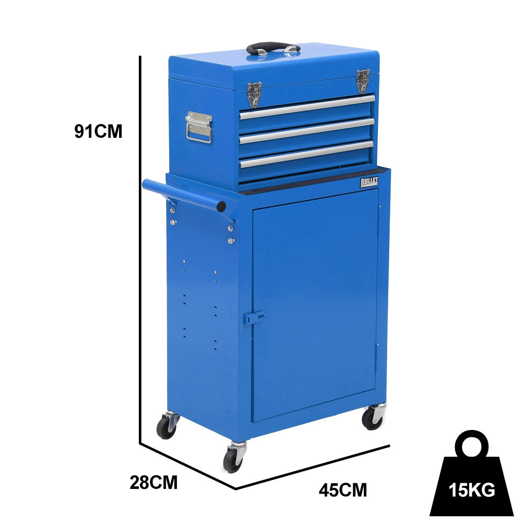 3 Drawer Tool Chest and Cabinet Trolley With Door Blue