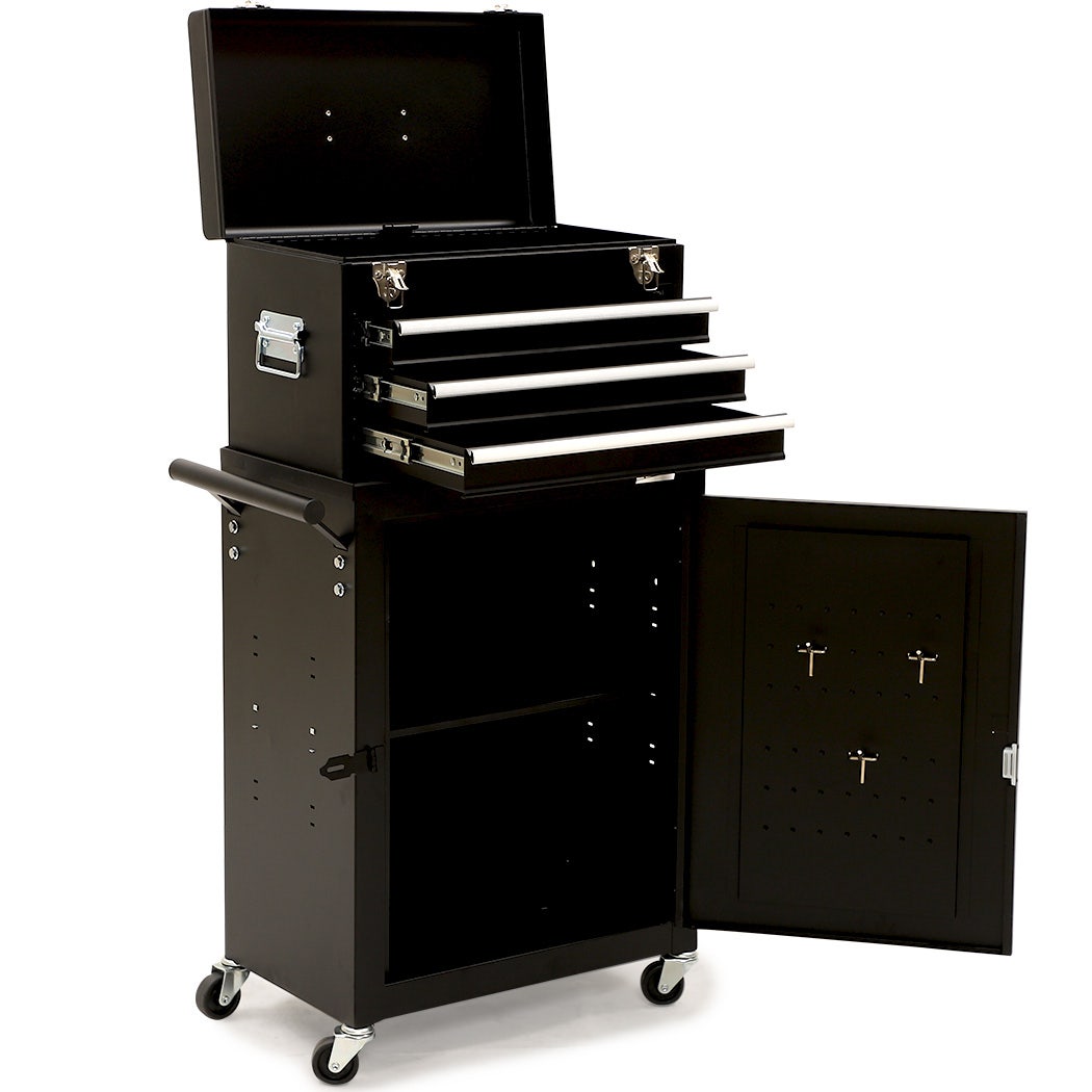 3 Drawer Tool Chest and Cabinet Trolley With Door Black