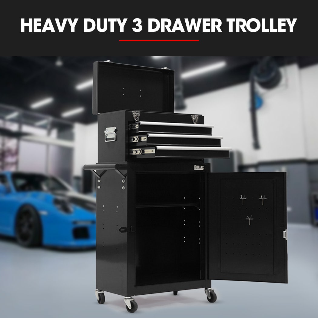 3 Drawer Tool Chest and Cabinet Trolley With Door Black