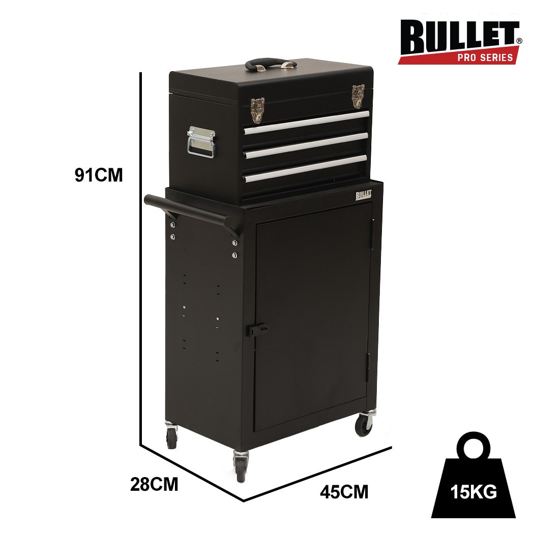 3 Drawer Tool Chest and Cabinet Trolley With Door Black
